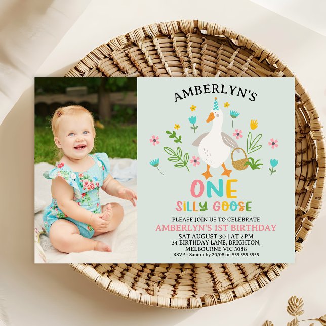 Invitation Photo Sage One Silly Goose 1er Anniversaire Invita (One Silly Goose Birthday Invitation Template, First Birthday Themed Birthday Invitation Girl)