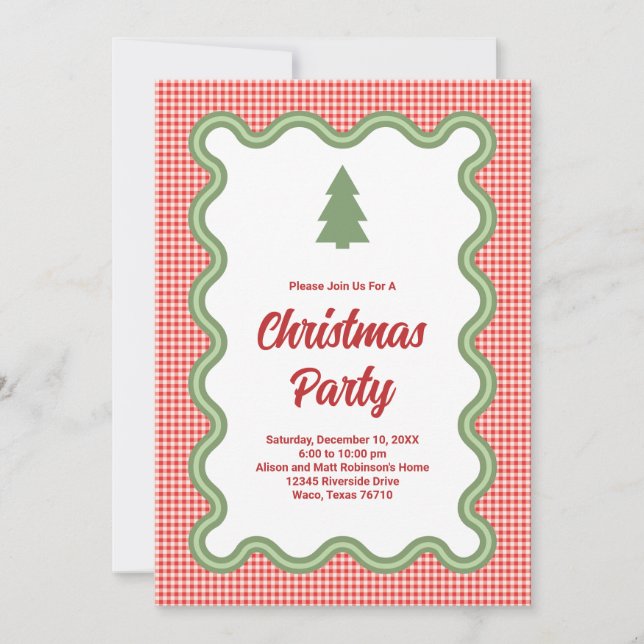 Invitation Photo saisonnier Gingham rouge avec bordure verte  (Devant)