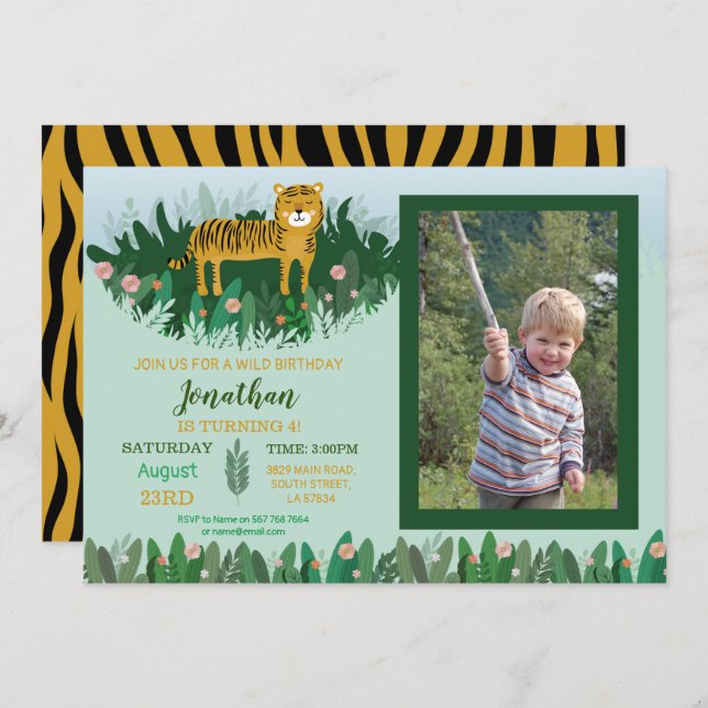 Invitation Photo sauvage de safari de zoo d'anniversaire de (Devant / Derrière)