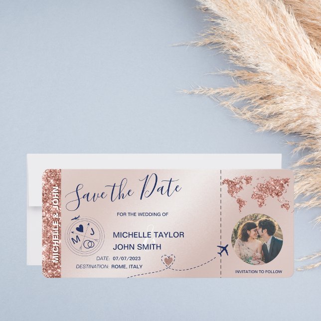 Invitation Photo Save the Date Boarding Pass World Map (Créateur téléchargé)