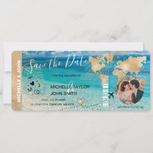 Invitation Photo Save the Date Boarding Pass World Map Beach