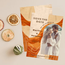 Photo Save the Date, retro brûlé orangé design
