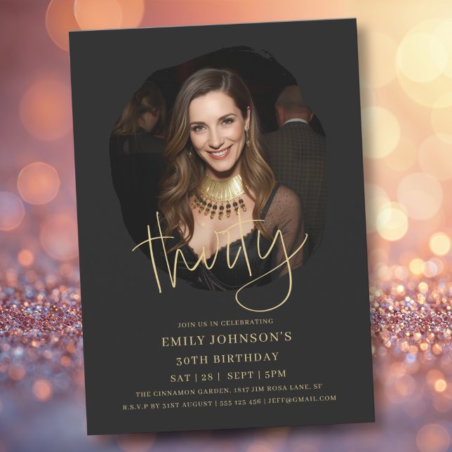 Invitation Photo Script noir et or 30e anniversaire (Photo Black and Gold Script 30th Birthday Invitation)