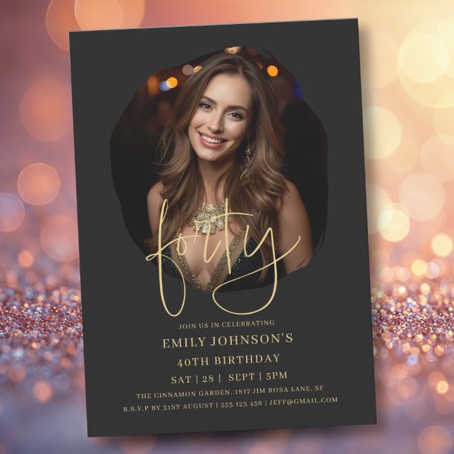 Invitation Photo Script noir et or 40e anniversaire (Photo Black and Gold Script 40th Birthday Invitation)