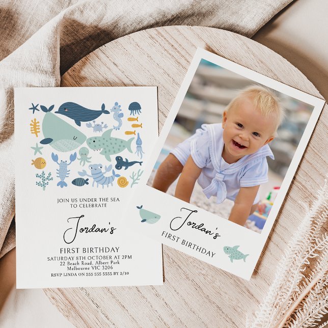 Invitation Photo Sea Creatures Garçons 1er anniversaire (Modern sea creature or oneder the sea first birthday invitation for boy featuring a photo on back.)