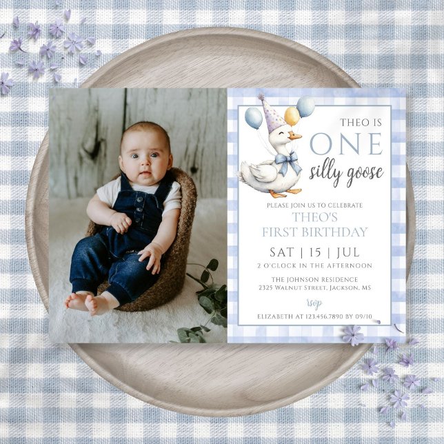 Invitation Photo Silly Goose Blue Boy 1er anniversaire (One Silly Goose Photo Blue Boy 1st Birthday Party Invitation)