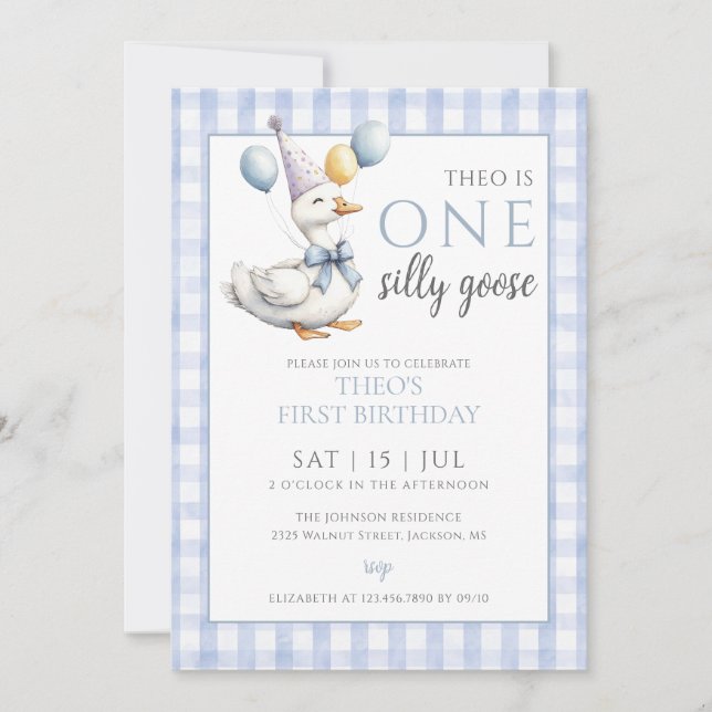 Invitation Photo Silly Goose Blue Boy 1er anniversaire (Devant)