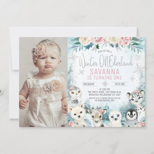 Invitation Photo Silver Arctic Winter Onederland Anniversaire (Devant)