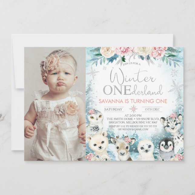 Invitation Photo Silver Arctic Winter Onederland Anniversaire (Devant)