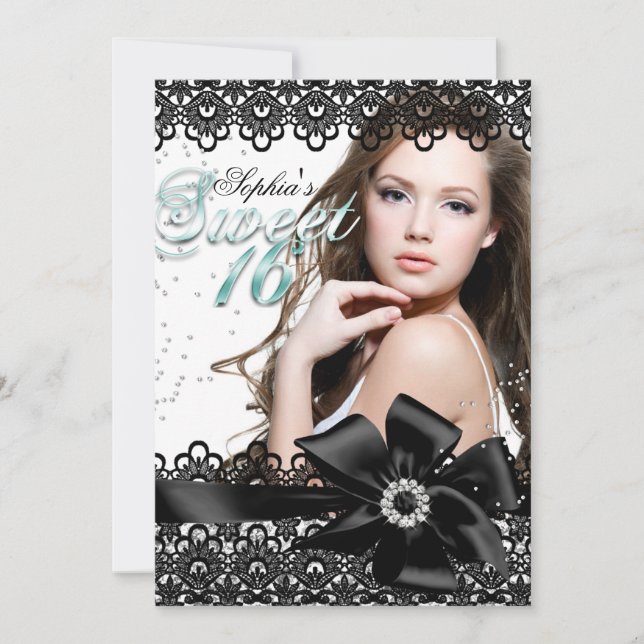 Invitation Photo Silver Black Jade Lace Sweet 16 (Devant)