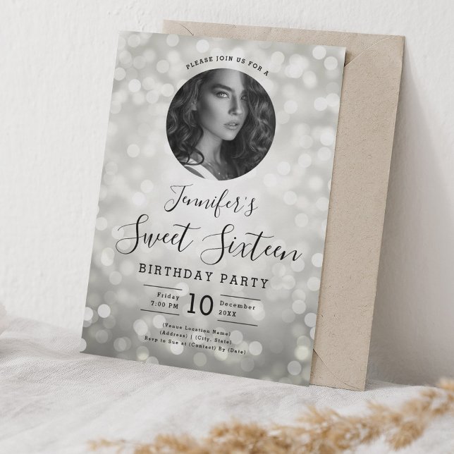 Invitation Photo Silver Bokeh Lights Sweet 16 Party (PHOTO Silver Bokeh Lights Sweet 16 Party Invitation)