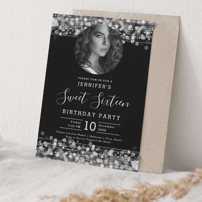 Invitation PHOTO Silver Sparkles Sweet 16 Anniversaire (PHOTO Silver Sparkles Sweet 16 Birthday Party Invitation)