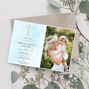 Invitation Photo simple Elegant Gold Cross Baptism
