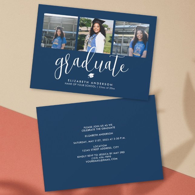 Invitation Photo simple Elegant Navy Blue Graduate Graduate (Créateur téléchargé)