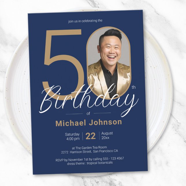 Invitation Photo simple personnalisée Gold Marine Blue 50e an (Simple Custom Photo Gold Navy Blue 50th Birthday Invitation)