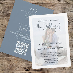 Invitation Photo simple QR Code Dusty Blue RSVP