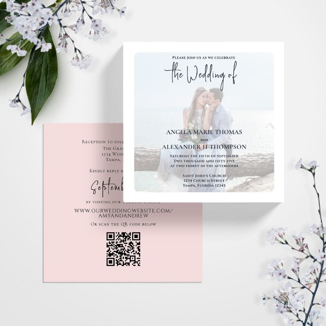 Invitation Photo Simple QR Code RSVP Elegant Blush Minimalist (Elegant photo Blush Pink wedding invitation with a scannable QR code.)