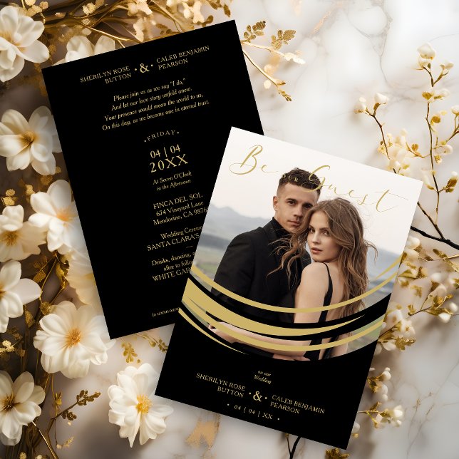 Invitation Photo Sophisticated Modern Golden Abstract Shape (Sophisticated Modern Faux Golden Abstract Geometric Shape Photo Wedding Invitation with Envelope.)