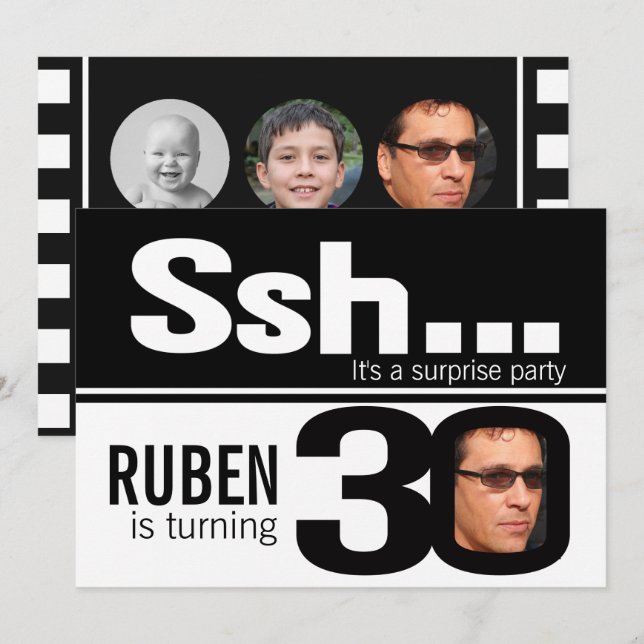 Invitation Photo ssh men noir blanc 30e anniversaire 4 photos (Devant / Derrière)
