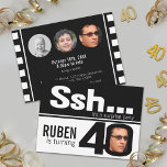Invitation Photo ssh men noir blanc 40e anniversaire 4 photos<br><div class="desc">Simple noir et blanc rayé double face simple style d'anniversaire surprise 40ème invitation de fête. Ajoutez votre propre photo de garçon ou de filles d'anniversaire sur le devant et trois photos au fil des ans au verso et customisez avec vos propres détails de fête du trentième anniversaire. Conçu par www.mylittleeden.com...</div>