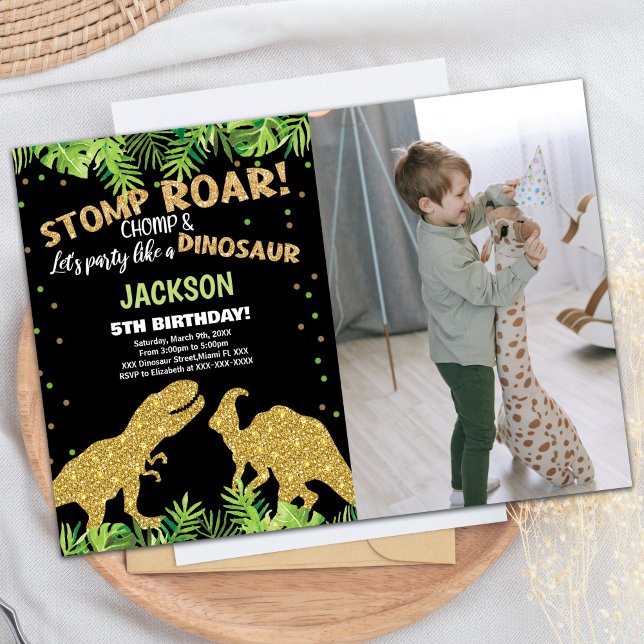 Invitation Photo Stomp Roar Parties scintillant Dinosaur Anni (Photo Stomp Roar Glitter Dinosaur Birthday Invitation)