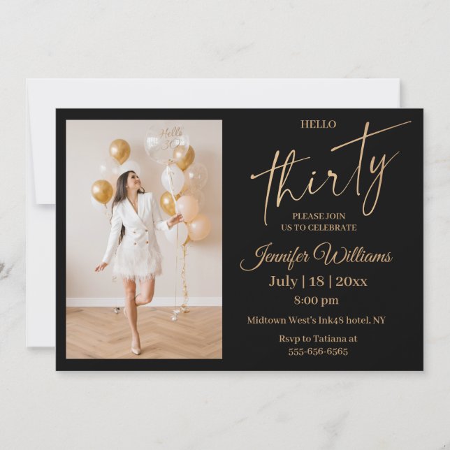 Invitation photo stylish 30e anniversaire en or noir script (Devant)