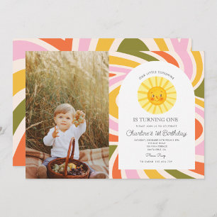 Invitation Photo Sun Rainbow Retro Boho Wavy 1er anniversaire