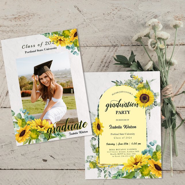 Invitation Photo Sunflower Script Graduation Party (Photo Sunflower Script Graduation Party Invitation)