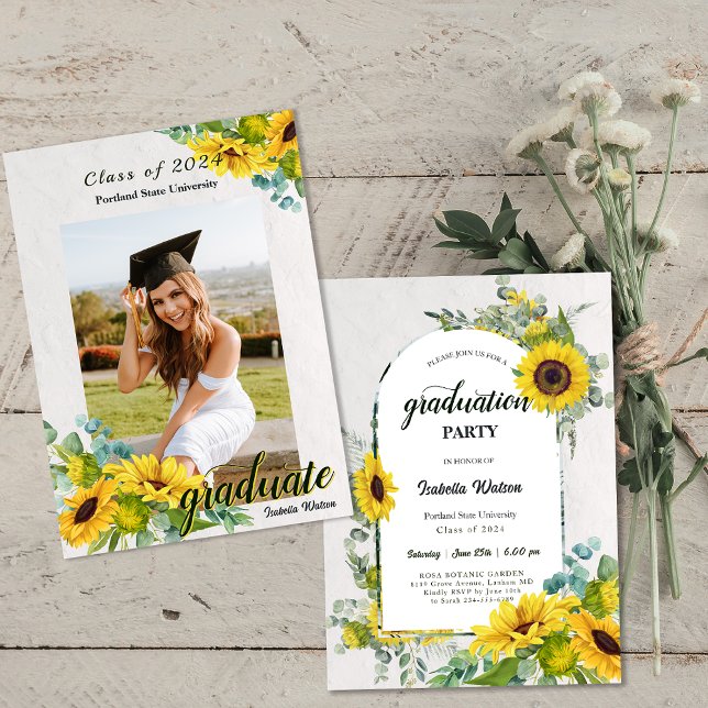 Invitation Photo Sunflower Script Graduation Party (Photo Sunflower Script Graduation Party Invitation)