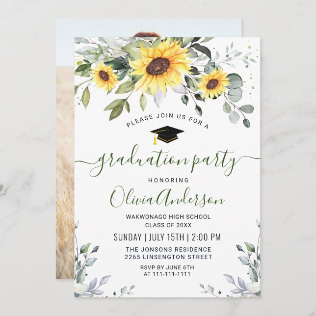 Invitation PHOTO Sunflowers Eucalyptus Graduation Party (Devant / Derrière)