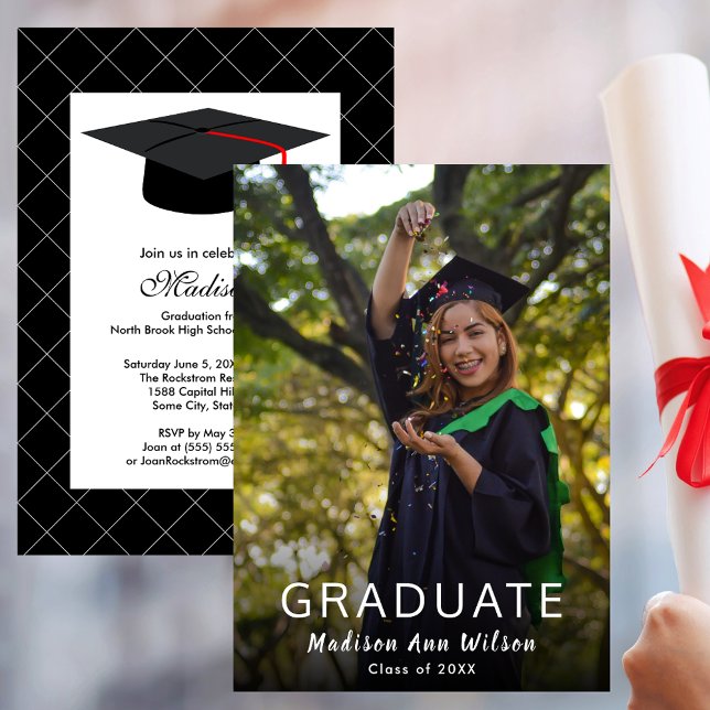Invitation Photo sur mesure Black Grad Casquette fête de grad (Custom Photo Black Grad Cap Graduation Party Invitation)
