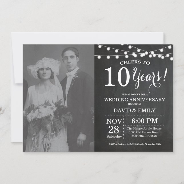 Invitation Photo sur tableau noir pour les 10 ans de mariage (Devant)