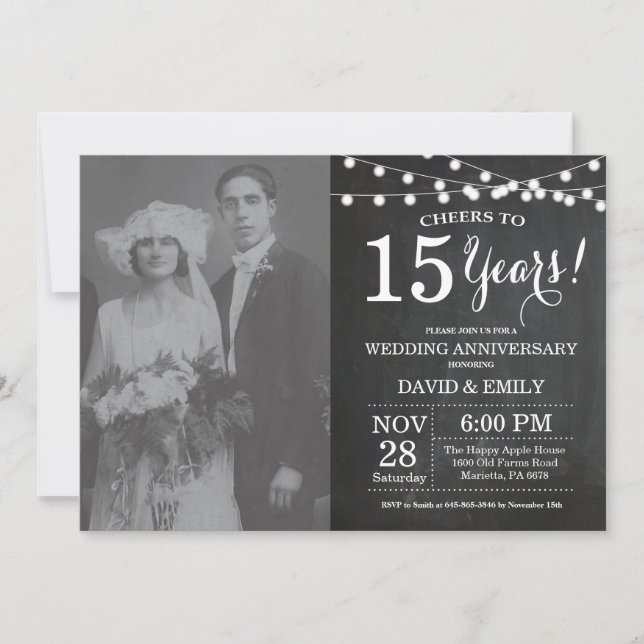 Invitation Photo sur tableau noir pour les 15 ans de mariage (Devant)