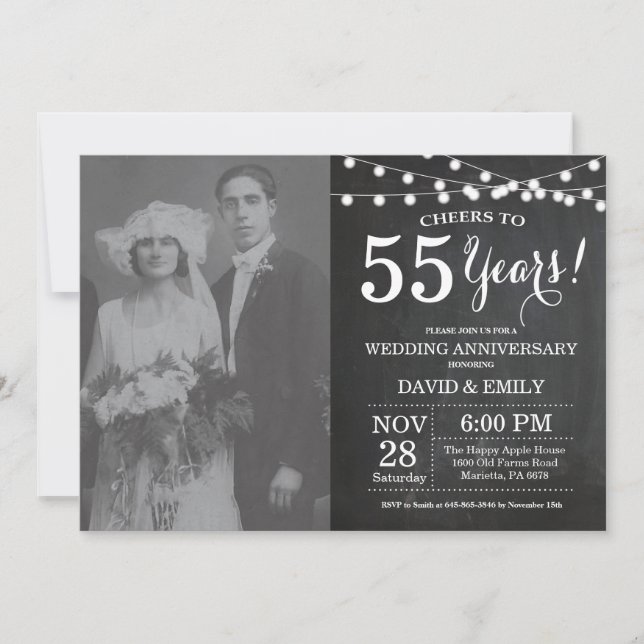Invitation Photo sur tableau noir pour les 55 ans de mariage (Devant)