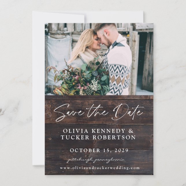 Invitation Photo sur Wood Rustic Enregistrer la date Invitati (Devant)