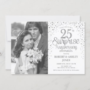 Invitation Photo Surprise 25e anniversaire - Argent blanc