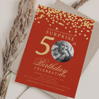 Invitation Photo SURPRISE 50e Anniversaire Confettis Dorés Ro