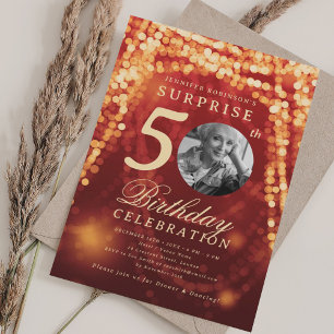 Invitation Photo SURPRISE 50e Anniversaire Doré Lumières Roug