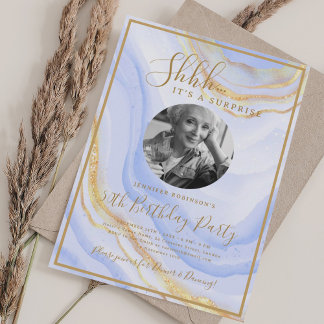 Invitation Photo SURPRISE 50e anniversaire fête Marble Bleu