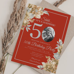 Invitation Photo SURPRISE 50e Anniversaire Fleurs Rouge Or