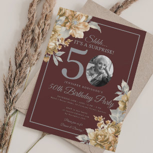 Invitation Photo SURPRISE 50e anniversaire floral or burgundy