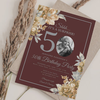 Invitation Photo SURPRISE 50e anniversaire floral or burgundy