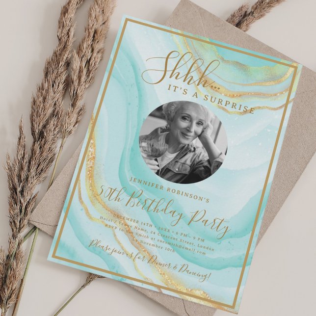 Invitation Photo SURPRISE 50e Anniversaire Marbre Turquoise  (SURPRISE Photo 50th Birthday Turquoise Marble Invitation)