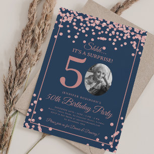 Invitation Photo SURPRISE 50e Anniversaire Rose Gold Bleu Mar