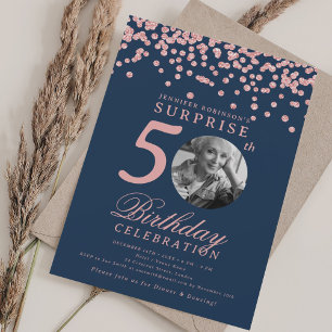 Invitation Photo SURPRISE 50e Anniversaire Rose Gold Bleu Mar