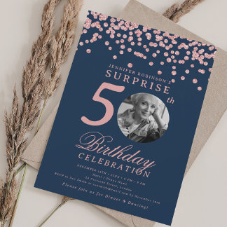 Invitation Photo SURPRISE 50e Anniversaire Rose Gold Bleu Mar