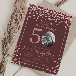 Invitation Photo SURPRISE 50e Anniversaire Rose Gold Bourgogn