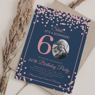 Invitation Photo SURPRISE 60e Anniversaire Rose Gold Bleu Mar