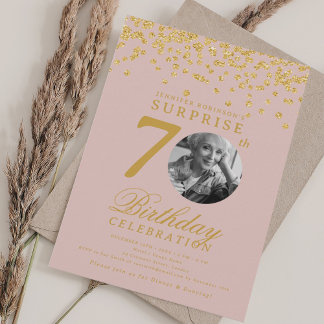 Invitation Photo SURPRISE 70 Anniversaire Blush Confettis Dor