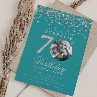 Invitation Photo SURPRISE 70e Anniversaire Argent Turquoise